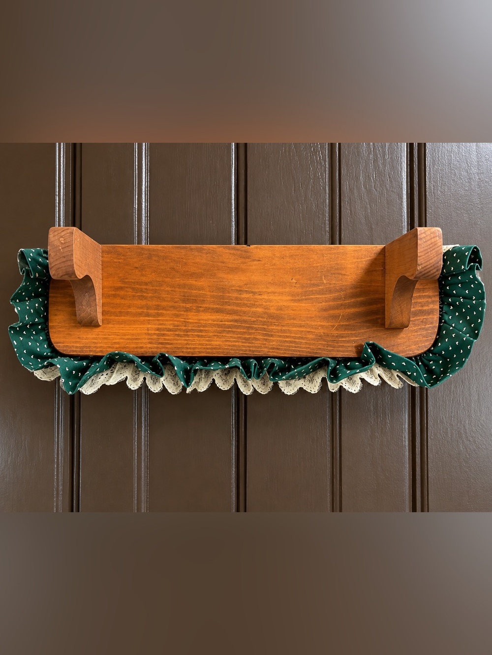 Vintage 14” Wooden Wall Shelf with Green Ruffled Fabric Trim